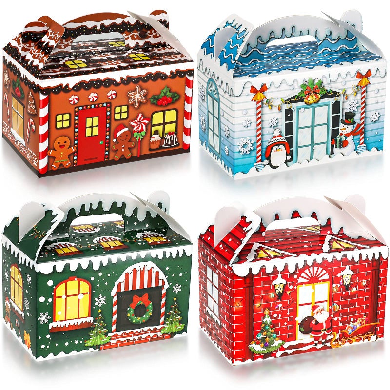 Clabby Christmas Treat Boxes 24 Pieces Plaid Santa Elf Snowman Elk Gingerbread Xmas Cardboard Present Candy Cookie Boxes with Handles Holiday Party Favor Supplies 4 DesignsVivid Style